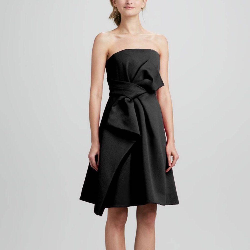 Haltston Heritage Satin Strapless Bow Front Cascading Cocktail Dress in Black